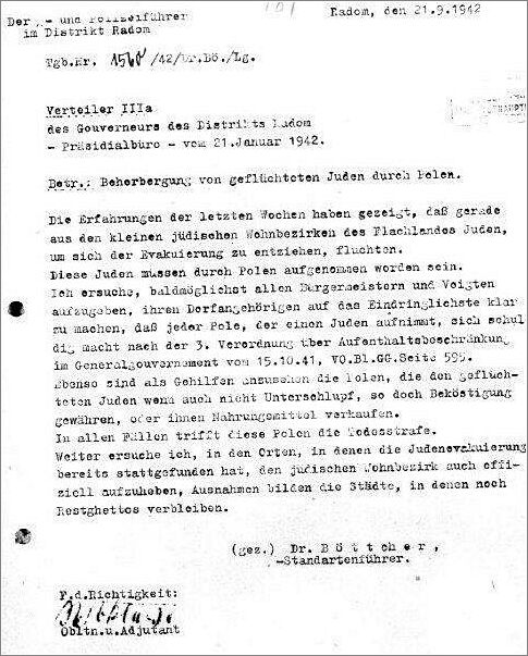 A letter sent by the police and SS headquarters in the Radom district, warning against aid or information being given by Poles to Jews.